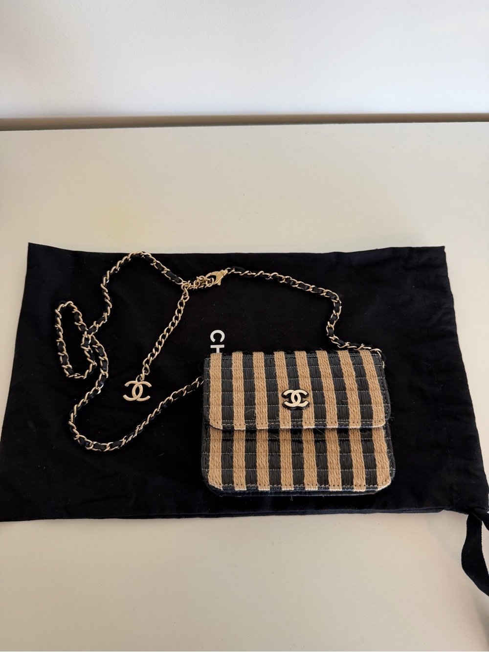 CHANEL Black and Beige Striped Chain Crossbody Bag